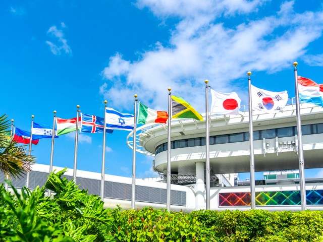 Flags flying outside Miami International Airport in Florida
