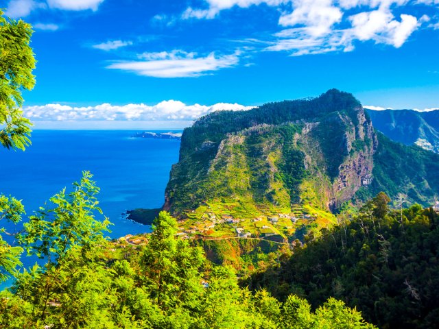 Aerial view of mountainous coast of Madeira Island, Portugal
