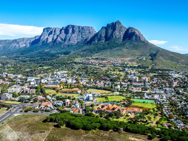 Aerial view of Table Mountain and Cape Town skyline