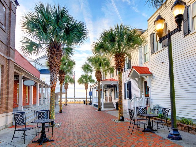 Brick walkway with patio tables in Beaufort, South Carolina