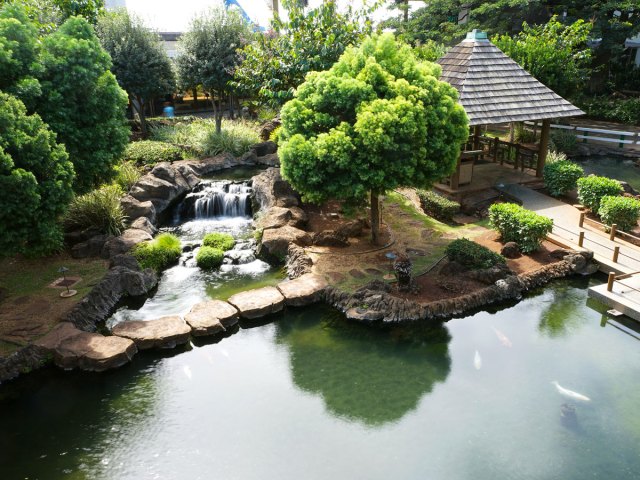 Outdoor area with ponds and waterfalls at Honolulu's airport