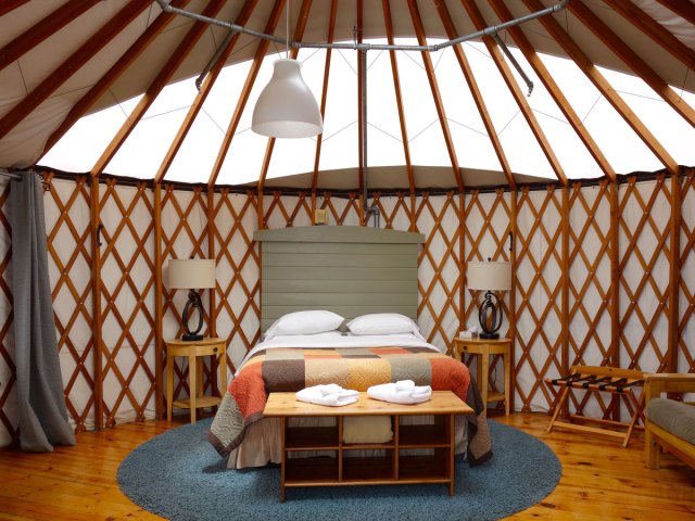 Inside of glamping yurt at Treebones Resort in Big Sur, California