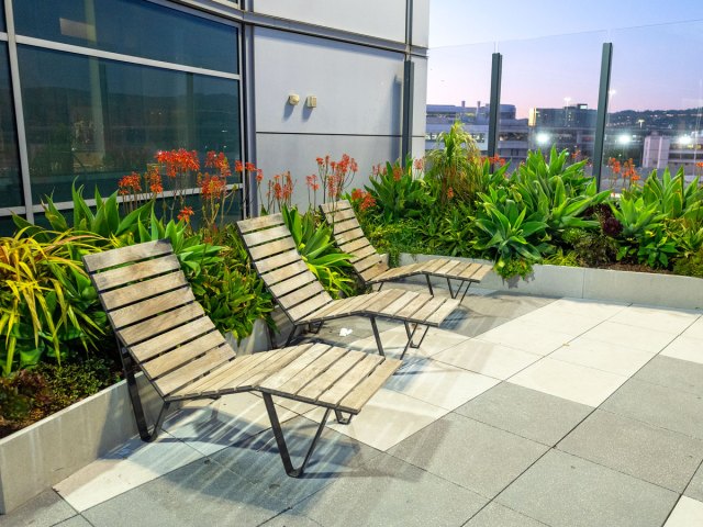 Lounge chairs on outdoor deck at San Francisco International Airport