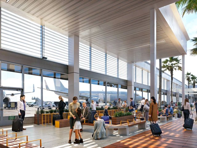 Passengers using outdoor seating area at Long Beach Airport in Southern California