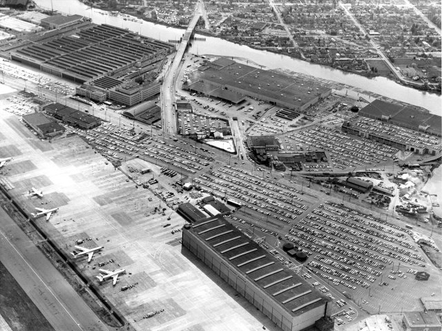 Historical image of Boeing factory, seen from above