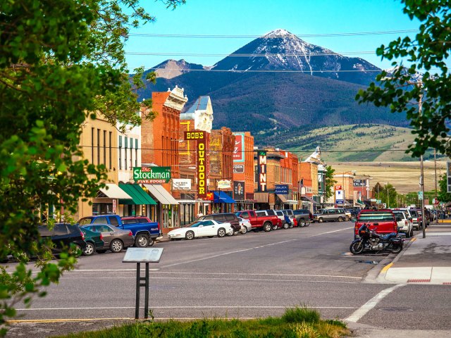 Downtown Livingston, Montana, with view of mountains
