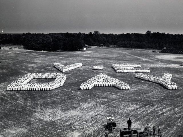 Historical image of V-E Day spelled out by recruits in Camp Peary, Virginia 