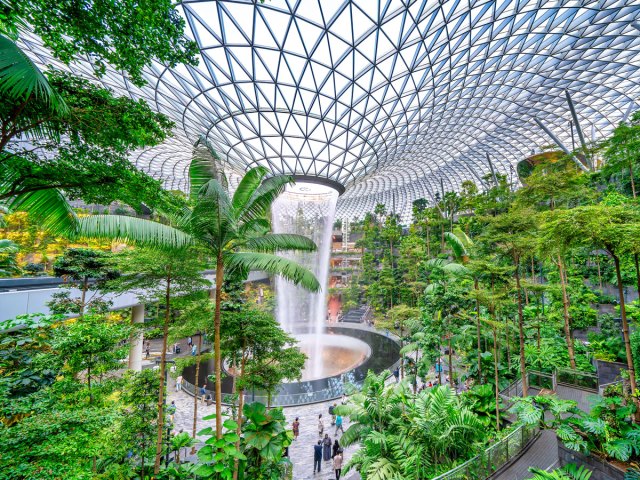 Indoor waterfall at the Jewel shopping complex attached to Singapore Changi International Airport
