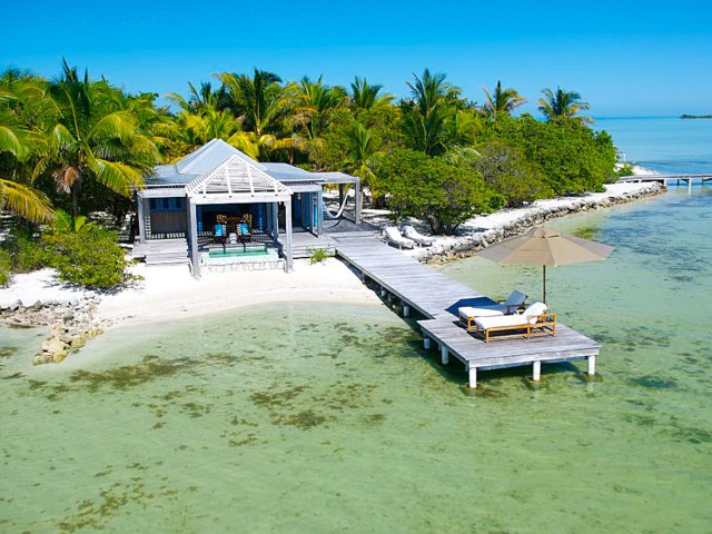 Aerial view of villa on Cayo Espanto private island resort in Belize