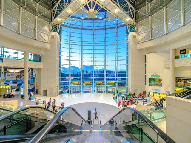 Light-filled concourse at Humberto Delgado Airport in Lisbon, Portugal