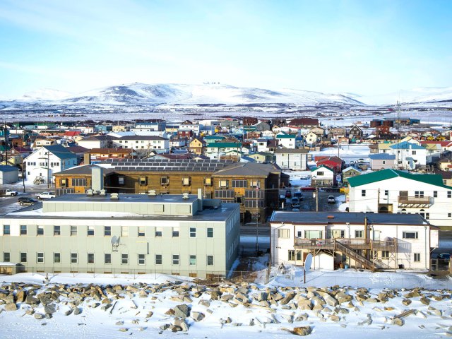 Snowy Alaskan city seen from above