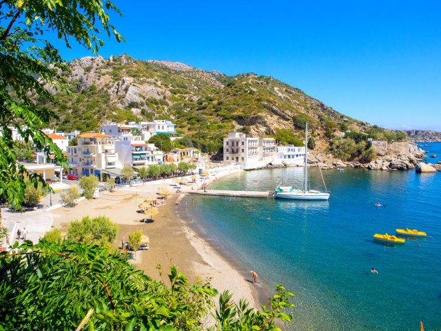 Beach and village of Therma on Ikaria island, Greece 