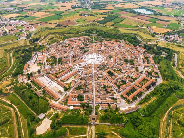 Aerial view of Palmanova, Italy, surrounded by countryside