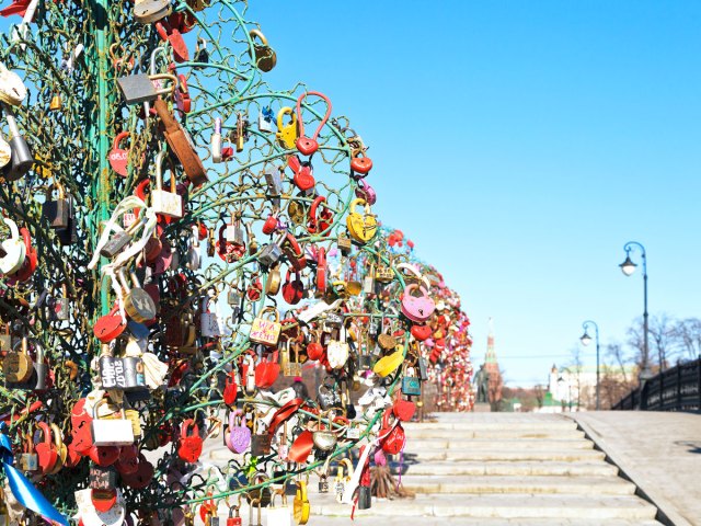Steel "trees" covered in padlocks beside Luzhkoz Bridge in Moscow, Russia