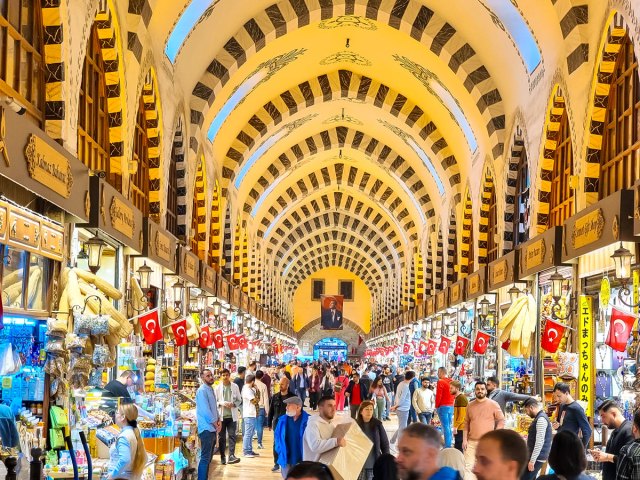 Vendors and shoppers inside the Grand Bazaar in Istanbul, Turkey
