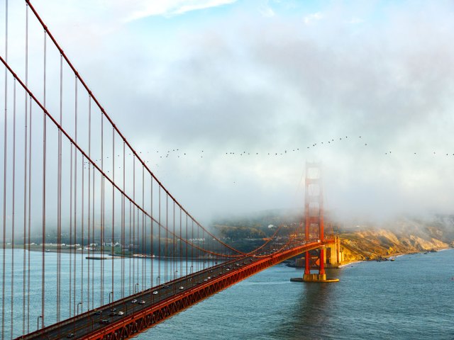 Fog partially obscuring the Golden Gate Bridge in San Francisco, California