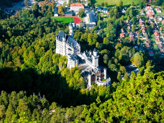 Aerial view of Neuschwanstein Castle surrounded by forest