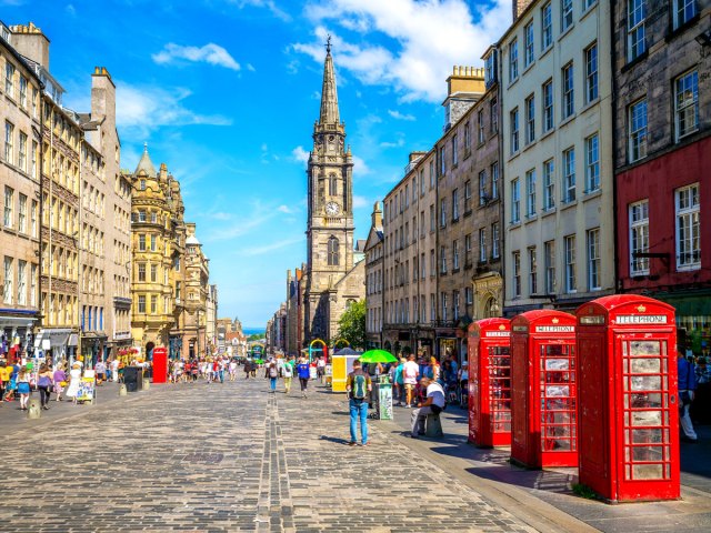 Red telephone booths on the Royal Mile in Edinburgh, Scotland
